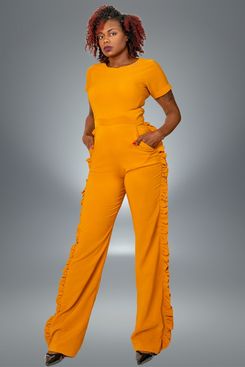 TJL Collection Mustard Jumpsuit with Leg Ruffle