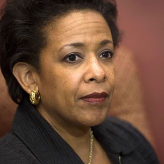 Loretta Lynch, nominee for US Attorney General, attends a meeting with US Senator Chuck Schumer, Democrat of New York, on Capitol Hill in Washington, DC, December 2, 2014. 