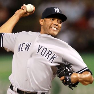 Mariano Rivera #42 of the New York Yankees throws against the Texas Rangers at Rangers Ballpark in Arlington on April 23, 2012 in Arlington, Texas.