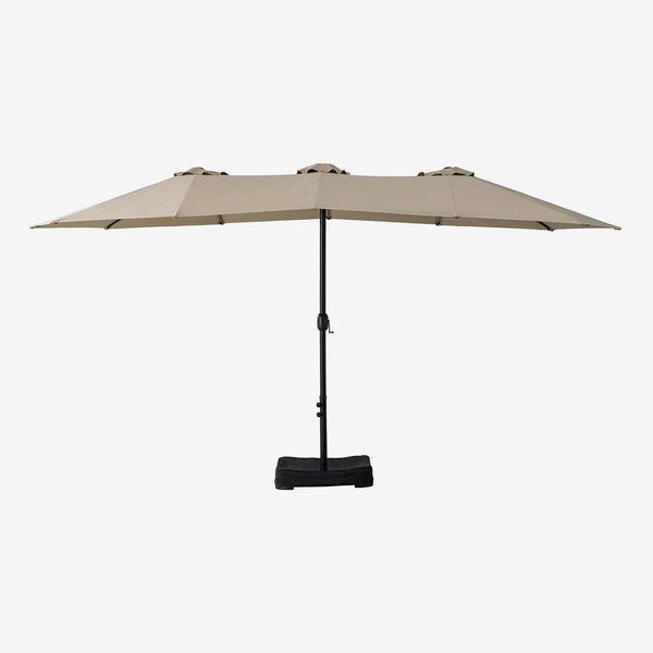 AmazonBasics Oversize Outdoor Market Patio Umbrella with Base - 15 x 6.9 Feet, Beige
