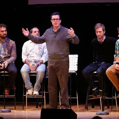 NEW YORK, NY - NOVEMBER 07: Comedian/media personality Stephen Colbert speaks on stage with a panel of writers from the 