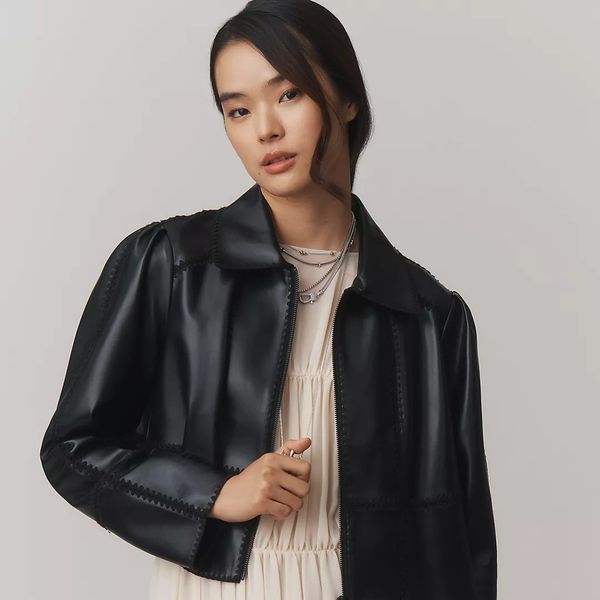 Anthropologie Freya Faux Leather Whip-Stitch Swing Jacket