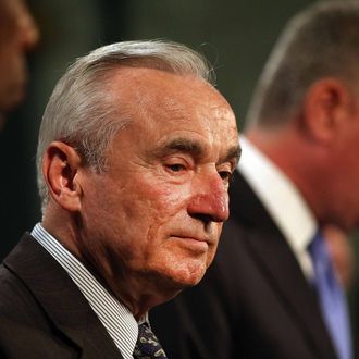 NEW YORK, NY - JULY 18: New York Police Commissioner William Bratton prepares to speak to the media at a news conference with New York Mayor Bill de Blasio to address the recent death of a man in police custody on July 18, 2014 in New York City. The mayor has promised a full investigation into the circumstances surrounding the death of Eric Garner after he was taken into police custody in Staten Island yesterday. A 400-pound, 6-foot-4 asthmatic, Garner (43) died after police put him in a chokehold outside of a conveinence store for illegally selling cigarettes. (Photo by Spencer Platt/Getty Images)