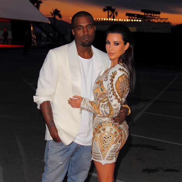 CANNES, FRANCE - MAY 23: Kanye West and Kim Kardashian attend The 'Cruel Summer' presentation during the 65th Annual Cannes Film Festival on May 23, 2012 in Cannes, France. (Photo by Mike Marsland/WireImage)