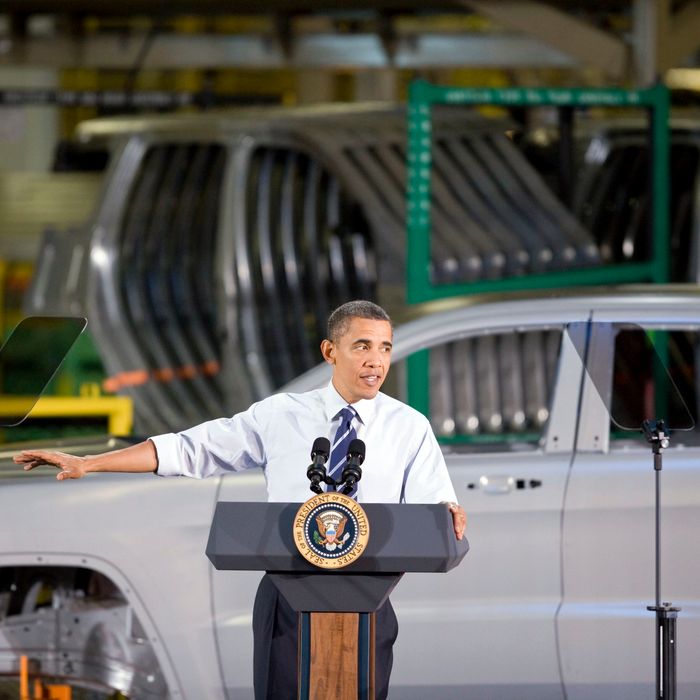 U.S. President Barack Obama speaks at Chrysler Group LLC's Jefferson North Assembly Plant in Detroit, Michigan, U.S., on Friday, July 30, 2010. Obama, in the heart of the U.S. auto industry, told a crowd of workers that the government bailouts of General Motors Co. and Chrysler Group LLC are giving taxpayers a return on their investment. 