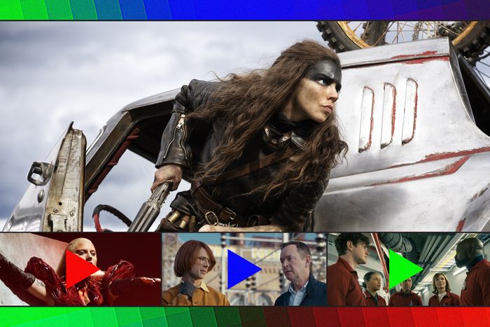 Clockwise from top: Furiosa: A Mad Max Saga, Evil, Hit Man, and Gaga Chromatica Ball.