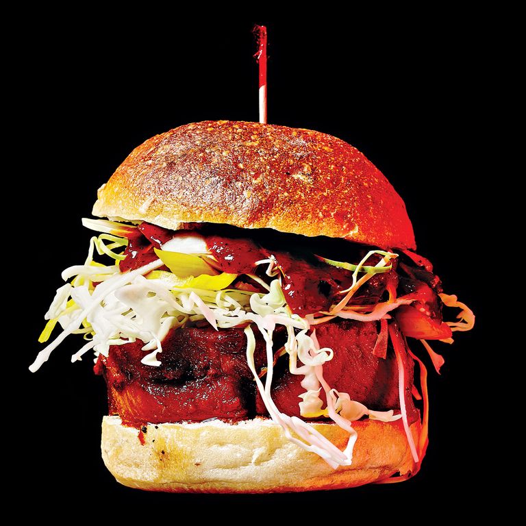 Meat Hook Sandwich’s Hot Chicken  $13; 495 Lorimer St., nr. Powers St., Williamsburg; 718-302-4665  The recipe calls for chicken thighs, a little meat glue, a hot-sauce bath, and a few techniques that would do Nathan Myhrvold proud. The result: a crisp puck of almost-porky meat perfectly tailored to fit its soft bun. Plus bread-and-butter slaw to cool things down.