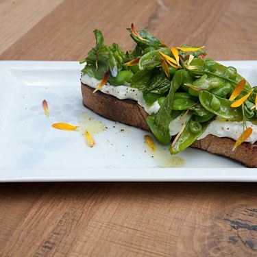 Crostini with housemade ricotta, favas and snap peas.
