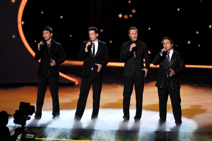 LOS ANGELES, CA - SEPTEMBER 18:  The Canadian Tenors (L-R) Victor Micallef, Clifton Murray, Fraser Walters and Remigio Pereira perform onstage during the 63rd Primetime Emmy Awards at the Nokia Theatre L.A. Live on September 18, 2011 in Los Angeles, United States.  (Photo by John Shearer/WireImage)