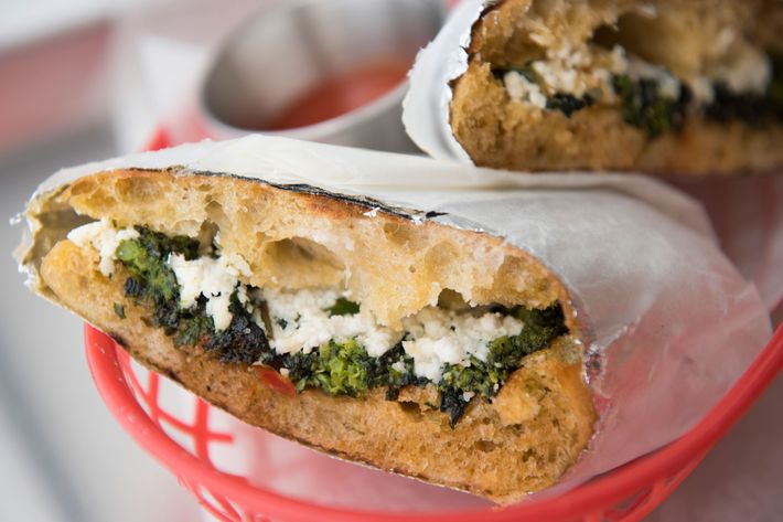Broccoli-rabe-and-manouri-cheese sandwich.
