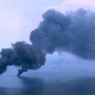 Oil burns and creates plumes of smoke near the site of the Deepwater Horizon oil spill on June 19, 2010 in the Gulf of Mexico off the coast of Louisiana. The BP oil spill has been called one of the largest environmental disasters in American history.