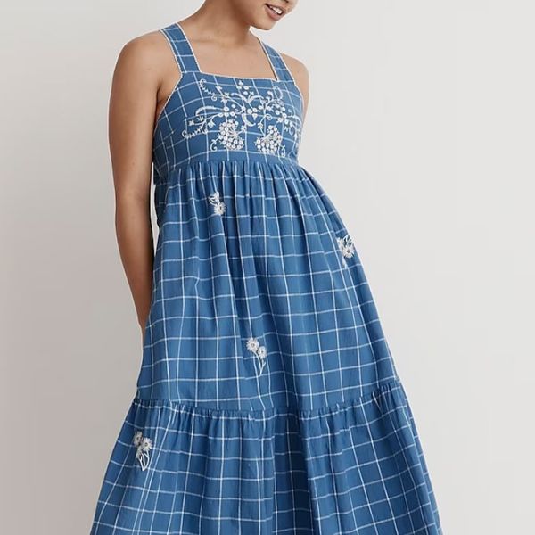 Madewell Embroidered Cicely Tiered Midi Dress in Plaid