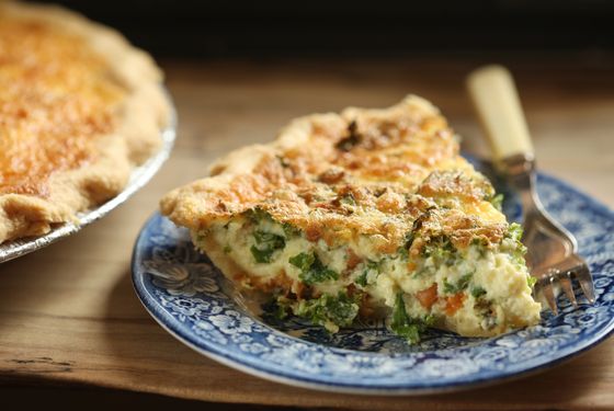 This quiche has kale and sweet potatoes.