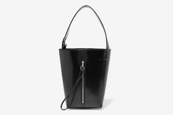Kara Panel Pail Glossed-Leather Bucket Bag