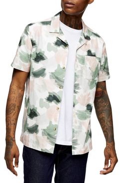 Topman Brush Print Short Sleeve Ripstop Button-Up Camp Shirt