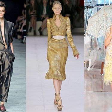 From left: spring looks from Haider Ackermann, Alexander McQueen, and Louis Vuitton.