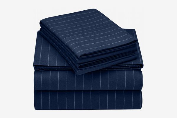 Pinzon 160 Gram Pinstripe Flannel Cotton Bed Sheet Set, Navy Pinstripe, Queen