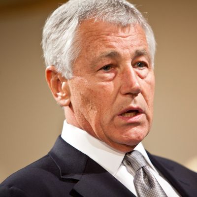 21 Sep 2012, Brooklyn, New York City, New York State, USA --- Chuck Hagel, former US Senator from Nebraska and current Chairman of Atlantic Council stands on stage during the Atlantic Council 2012 Global Citizen Award in New York, on Friday September 21, 2012. --- Image by ? Ramin Talaie/Corbis