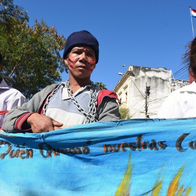 Jejytymiri indigenous people demonstrate in demand of their territorial rights in front of the congress in Asuncion, Paraguay.