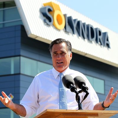 Repubican presidential candidate and former Massachusetts Gov. Mitt Romney speaks during news conference in front the shuttered Solyndra solar power company's manufacturing facility May 31, 2012 in Fremont, California. The company filed for bankruptcy in 2011 after receiving $535 million in federal loan money.