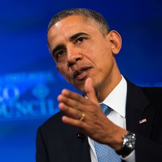 WASHINGTON, DC - NOVEMBER 19: U.S. President Barack Obama responds to questions from Wall Street Journal Washington Bureau Chief Gerald Seib at the Wall Street Journal CEO Council annual meeting at the Four Seasons Hotel on November 19, 2013 in Washington, DC. Obama discussed immigration reform and the health care rollout, among other topics. (Photo by Drew Angerer-Pool/Getty Images)