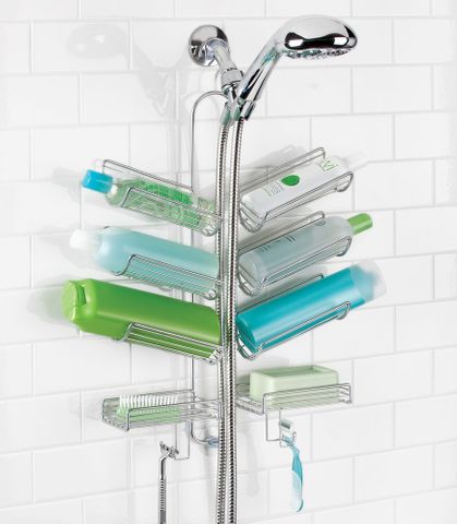mDesign Bathroom Hose Shower Caddy for Shampoo, Conditioner, Soap — Silver