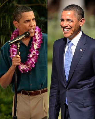 Barack displaying a sense of fun in 2009 while hosting a l'uau at the White House; at the APEC summit last weekend.