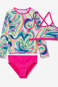 Lands’ End Girls Chlorine Resistant Long Sleeve Rash Guard Bikini 3 Piece Swimsuit Set