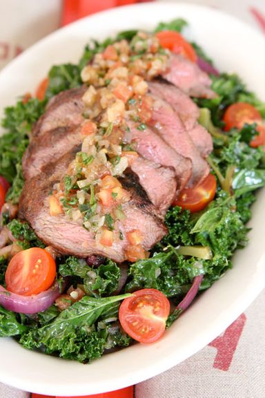 Grilled sliced steak, kale, nopales, grilled red onion