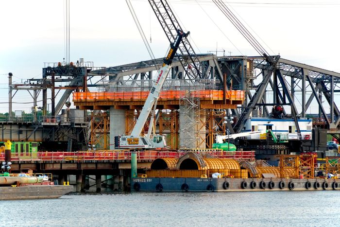 Portal North Bridge (under construction), with the old Portal Bridge behind it.