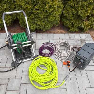 Group of garden hoses and accessories tested by Sal Vaglica for a Best in Class review for The Strategist