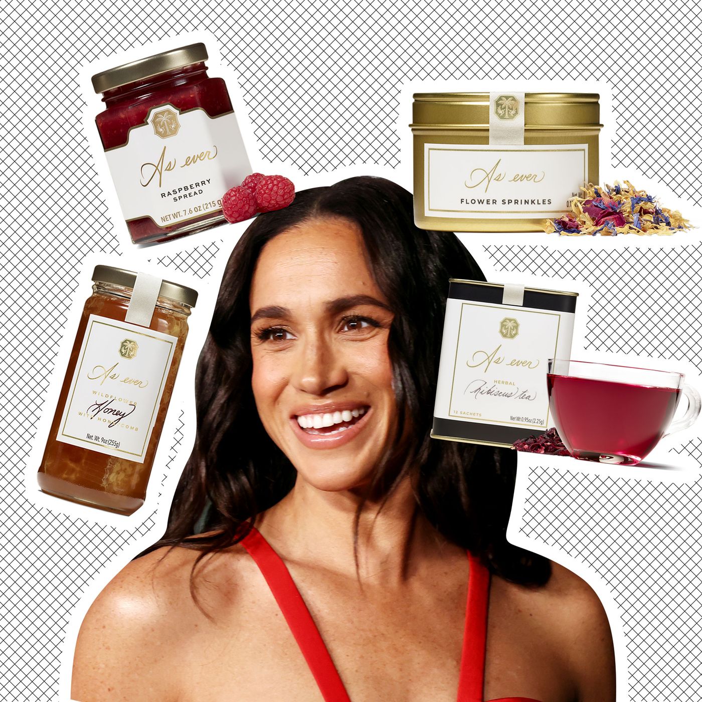 meghan, duchess of sussex with long dark hair wearing a red dress, overlaid with artisan food products from the brand "As Ever," including raspberry spread, wildflower honey, flower sprinkles, and herbal tea.