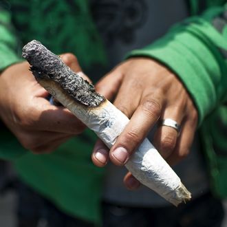 A man lights marijuana during a demo in support of the legalization of marijuana, in Mexico City, on May 7, 2011.