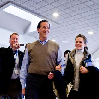 Republican presidential candidate, former U.S. Sen. Rick Santorum, and his wife Karen Santorum, make the rounds on Radio Row during the nation's first primary on January 10, 2012 in Manchester, N.H.